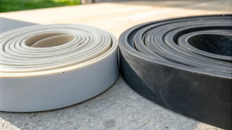 Close-up of a white and a black rolled rubber mat on a concrete surface.