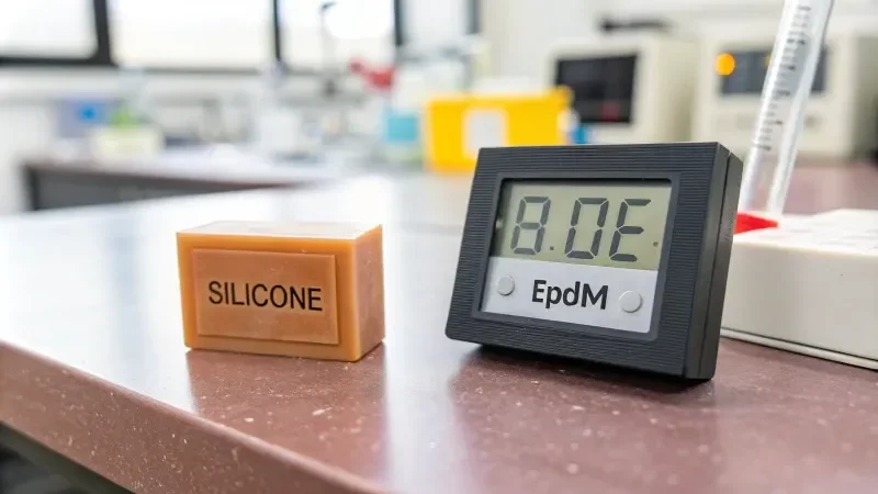 Silicone block labeled 'SILICONE' next to a digital device showing '8.0E' on a laboratory counter.
