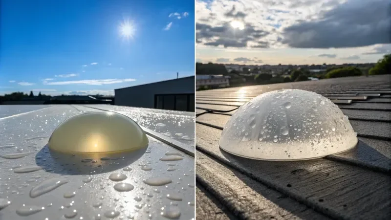Two images showing water droplets on translucent dome structures on roofs with blue sky and clouds in the background.