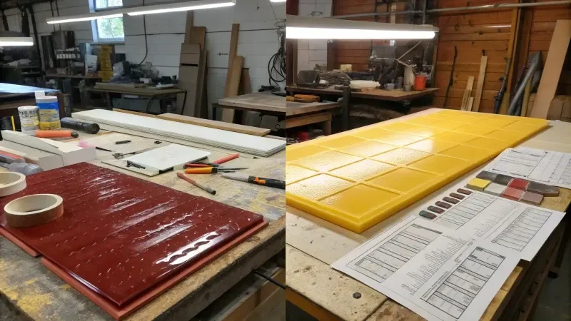 A workshop with tools, red and yellow molds, papers, and materials on tables.